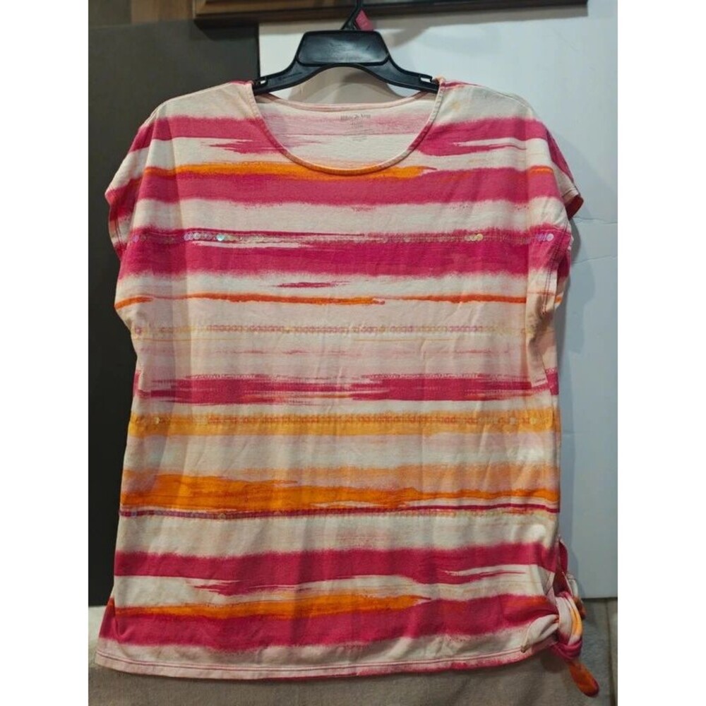 White Stag Women's XL Pink, Orange & Yellow Striped Short Sleeve Shirt
